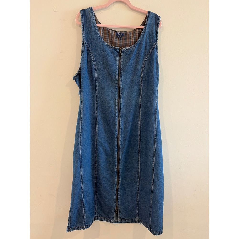 DPS Woman Vintage Denim Zip Front Maxi Dress 3X Blue Cotton Plaid Lined 90s
